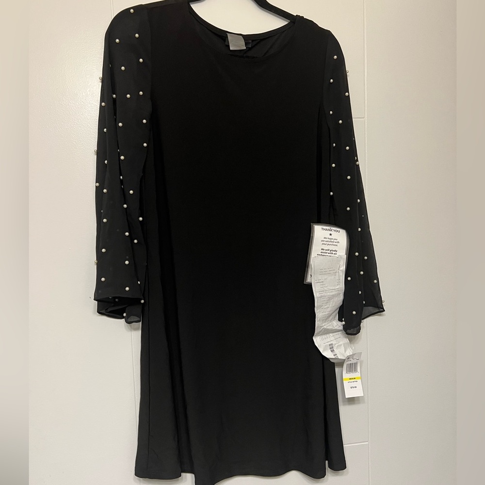 S & M pearl long sleeve black dress